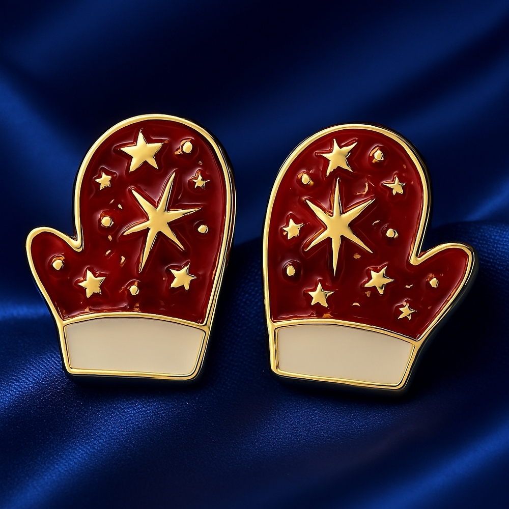 Holiday Red Mitten Earrings – Gold Star Enamel, Festive Christmas Jewelry